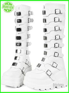 Wedge Platform Knee High Boots Chunky Heel Round Toe Zip Punk Goth Combat Boots
